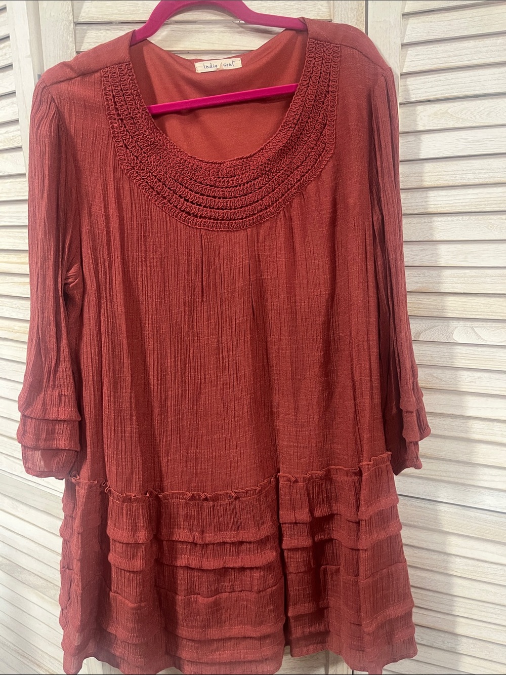 Indigo Soul 2XL Rust Boho Ruffle Dress Crochet Neck Tiered Shift Dress